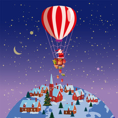 Santa Claus flying on hot air balloon Merry Christmas and Happy New Year