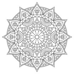 Round mandala with floral pattern. Black and white coloring page . Vector design.