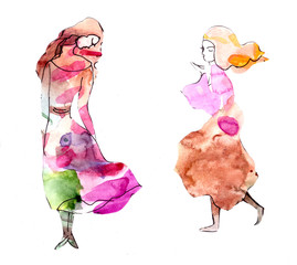 two watercolor girls in a motley trendy dress on a white background