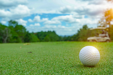 Golf ball on green in beautiful golf course at sunset background.