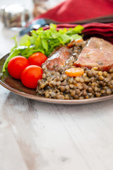 Green lentils with smoked pork sausage smoked choice, carrots and onions