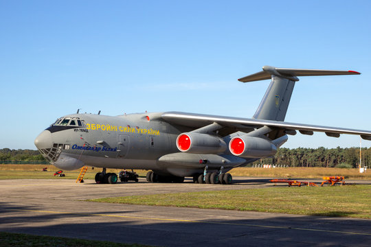 KLEINE-BROGEL, BELGIUM - SEP 14, 2019: Ukrainian Air Force Ilyushin IL-76 transport plane in the tarmac of Kleine-Brogel Airbase.