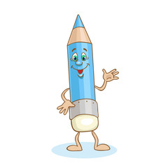 Funny blue pencil in cartoon style. Isolated on white background. Vector illustration.