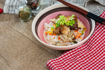Vietnamese style caramel pork with rice and vegetable
