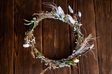 Wedding bride?s wreath, wedding accessories in rustic style.