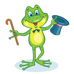 A little elegant frog with walking stick and cylinder in his hands. In cartoon style. Isolated on white background. Vector illustration.