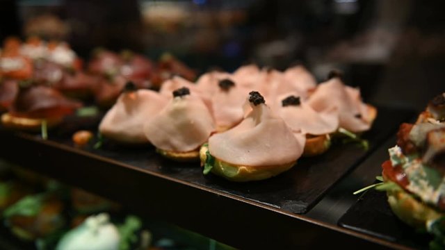 Luxurious selection of tapas. traditional small portion snacks in Spain. in San Miguel tapas bar