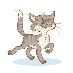 Funny gray cat boldly goes to meet adventures. In cartoon style. Isolated on white background. Vector illustration.
