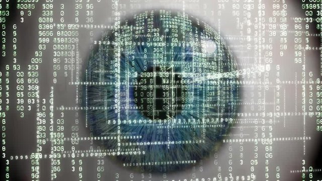 Seeing a Data Array.  Eye seeing a matrix of data. Illustrating surveillance or AI or cybernetics.