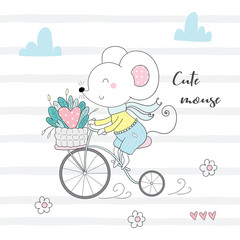 Cute little mouse riding a bicycle cartoon hand drawn vector illustration