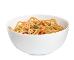 Tasty buckwheat noodles with shrimps in bowl isolated on white