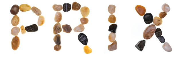 Word PRIX handmade with stones (boulders). Collection words with stones. Isolated on white background.