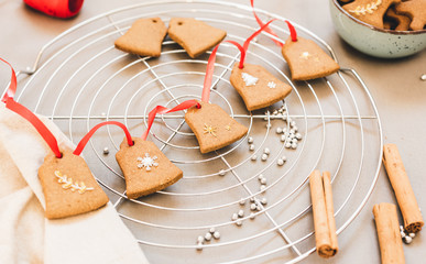 Homemade gingerbread cookies for christmas tree and other winter decorations