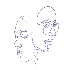 Continuous line, two women faces. Abstract, modern art. Fashion concept, one line drawing for use in design.