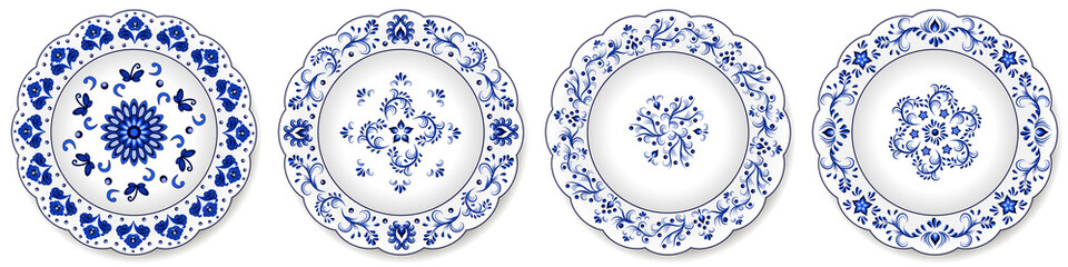 Set of blue porcelain plates, floral pattern with Chinese motives - obrazy, fototapety, plakaty