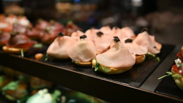 Luxurious selection of tapas. traditional small portion snacks in Spain. in San Miguel tapas bar