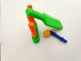 Set of cricket equipment bat, ball and wicket isolated on white background