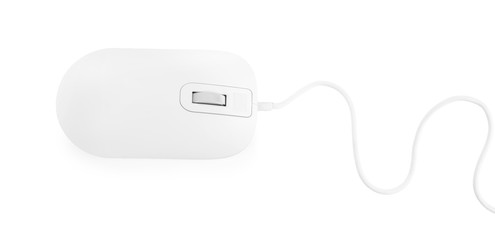 Obraz premium Modern wired optical mouse isolated on white, top view