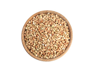 Green buckwheat in bowl isolated on white, top view