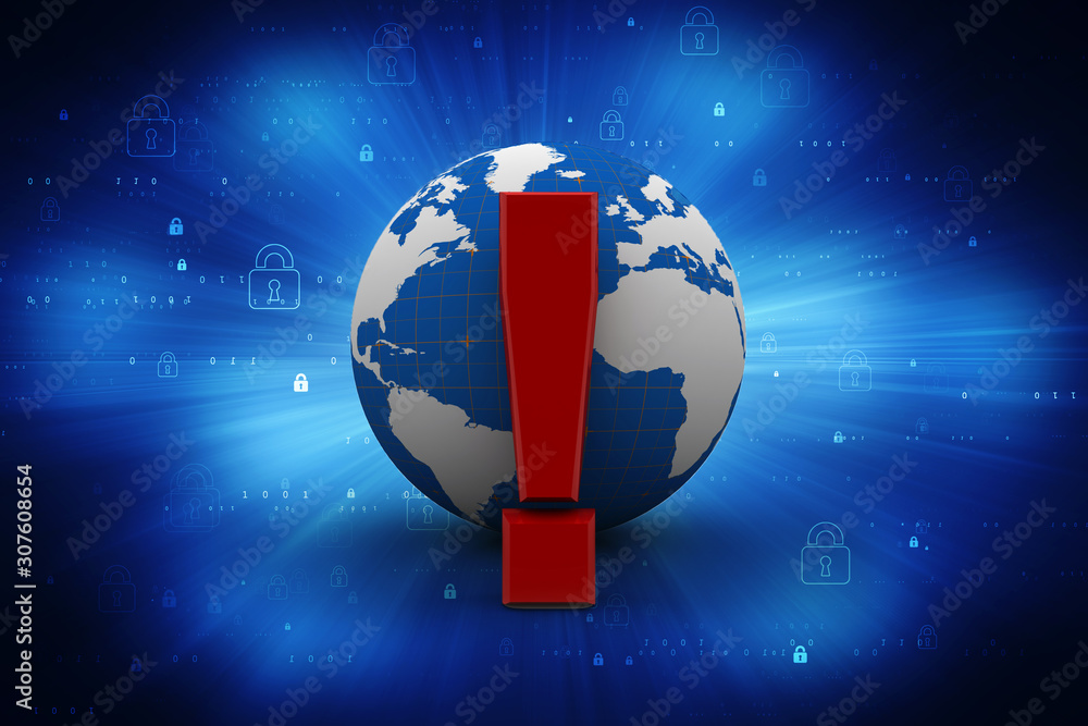 Poster 3d rendering exclamation mark and globe