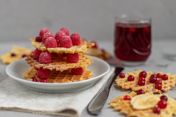 Traditional Belgian waffles with fresh fruits, sprinkled with powdered sugar and cocoa. You can eat for breakfast with compote or coffee. Holiday breakfast. Copy space.  