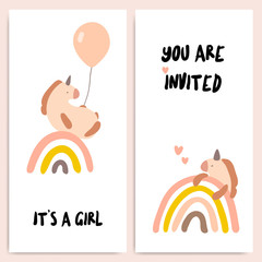 Cute baby shower vector invitation with unicorn. Unicorn with a rainbow and a balloon. Delicate pastel colors. - 307608870