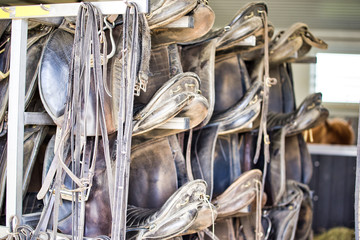 Dirty and dusty edges of belts and irregular parts such as finished bags, horse saddles and other public services. Piled up. 