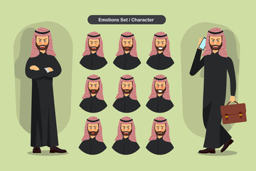 Set of business muslim man facial different expressions. muslim man emoji character. Vector illustration.