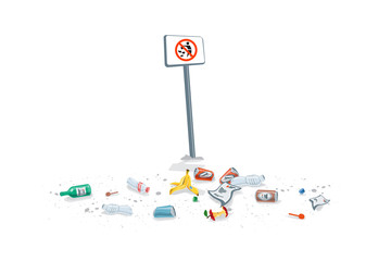 Isolated trash on the ground with no littering sign. Dirty forbidden pollution. Plastic garbage disposed improperly throwing away on the ground. Fallen rubbish on white background.