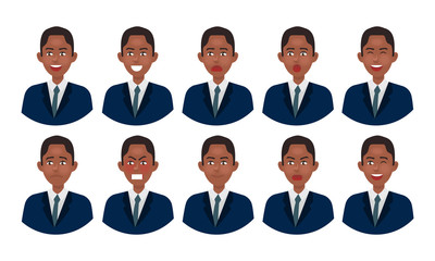 Set of different emotions male character. emoji with various facial expressions. businessman. Vector illustration.