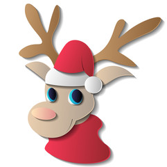 Vector paper cartoon reindeer with Christmas hat
