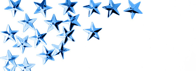 Classic blue color of the year 2020 Christmas decor festive background, flat lay top view