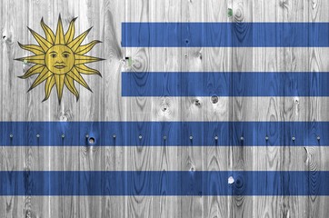 Uruguay flag depicted in bright paint colors on old wooden wall. Textured banner on rough background