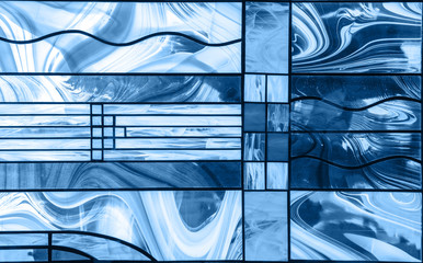 Classic blue color of the year 2020 Glass stained glass with colorful graphic pattern, abstract...