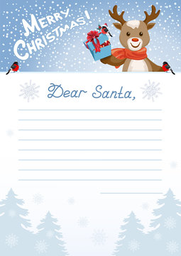 Layout letter to Santa Claus with inscription "Dear Santa" and cartoon Deer with Christmas gift box and bullfinch