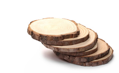 Cross section of tree trunks, stumps, isolated on white background