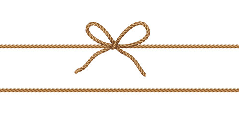 String bow isolated on transparent background. Vector cord, jute or twine rope knot. Brown parcel wrap element template..