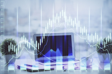 Forex Chart hologram on table with computer background. Double exposure. Concept of financial markets.