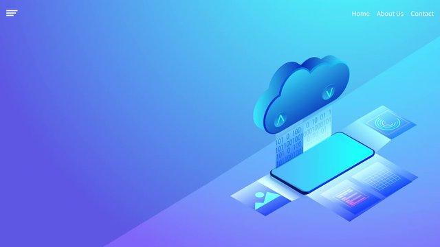 Cloud services technology, computing files with smartphone isometric concept. Web template design. video animation on blue background.