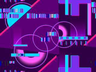 Cyberpunk seamless pattern. Retro futurism of the 80s. Neon round and linear light rays. Glitch, signal error. Background synthwave. Vector illustration