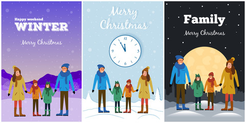 Set of cards with the family outdoors in winter nature. Dad, mom, son and daughter holding hands. Vector concept with happy people on background of forest, mountain landscape and cityscape.