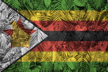 Zimbabwe flag depicted on many leafs of monstera palm trees. Trendy fashionable backdrop