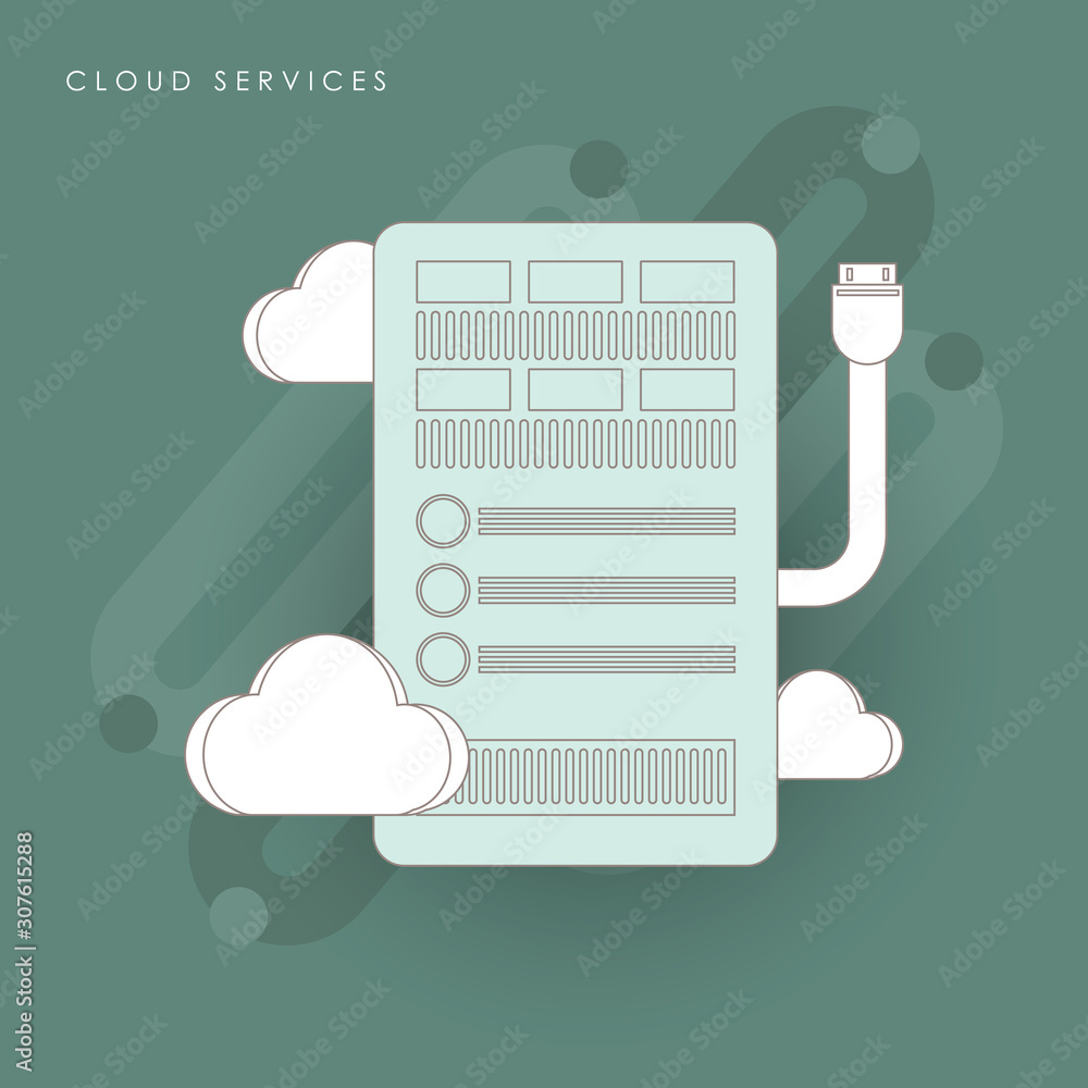 Poster isometric cloud computing services concept. vector illustration showing the laptop and web servers.