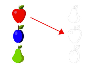 tasks for logic for children, logic games for children, connect the same objects (vegetables and fruits)
