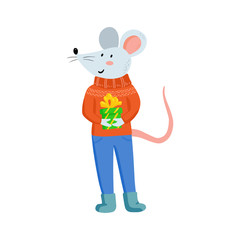 Hand drawing cute Christmas mice in cozy clothes with gift. vector illustration with funny mouse for New 2020 Year. Symbol the Chinese calendar. Winter holidays games.