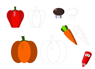 coloring pages for kids, logic games for kids (vegetables and fruits)