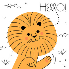 Cute lion cartoon vector illustration. Hand drawn vector consept illustration for children print.