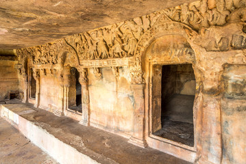 View at the Decorative Corridor in Rani Gumpha caves of Udayagiri caves complex in Bhubaneswar - Odisha, India