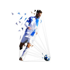 Soccer player running with ball, low poly isolated vector illustration. Footballer geometric drawing
