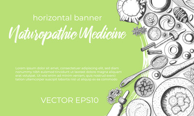 Hand drawn banner template with medicals herbs and kitchen elements in sketch style. Best fot home made natural cosmetics or alternative medicine or naturopathy.